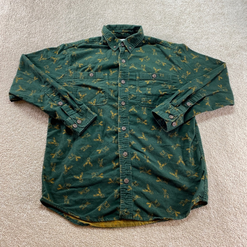 Duluth Trading Co Button Down Shirt Mens Small Green Moose Print Relaxed Fit